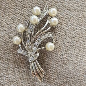 Vintage Bouquet Brooch Pin Faux Pearl Aurora Borealis Rhinestone Silver Tone